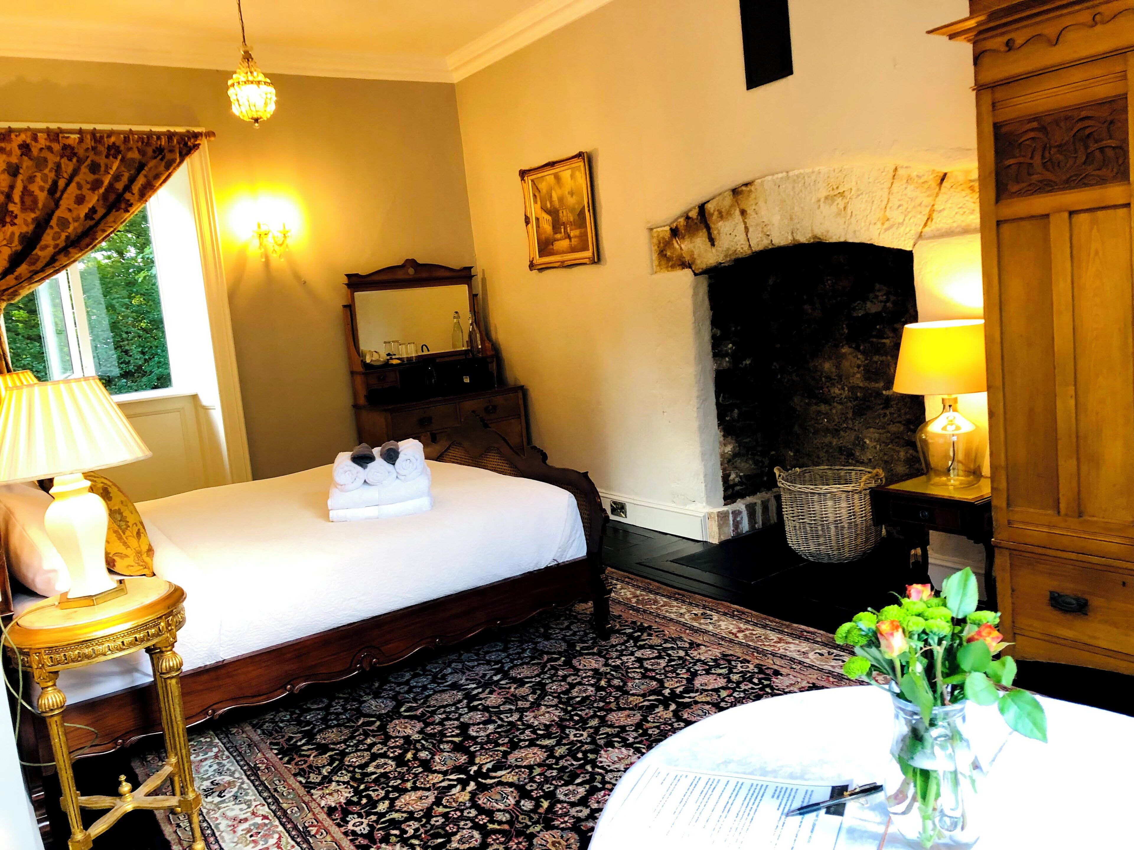 A hotel room with a bed, a fireplace, a mirror, a lamp, and a vase with flowers.