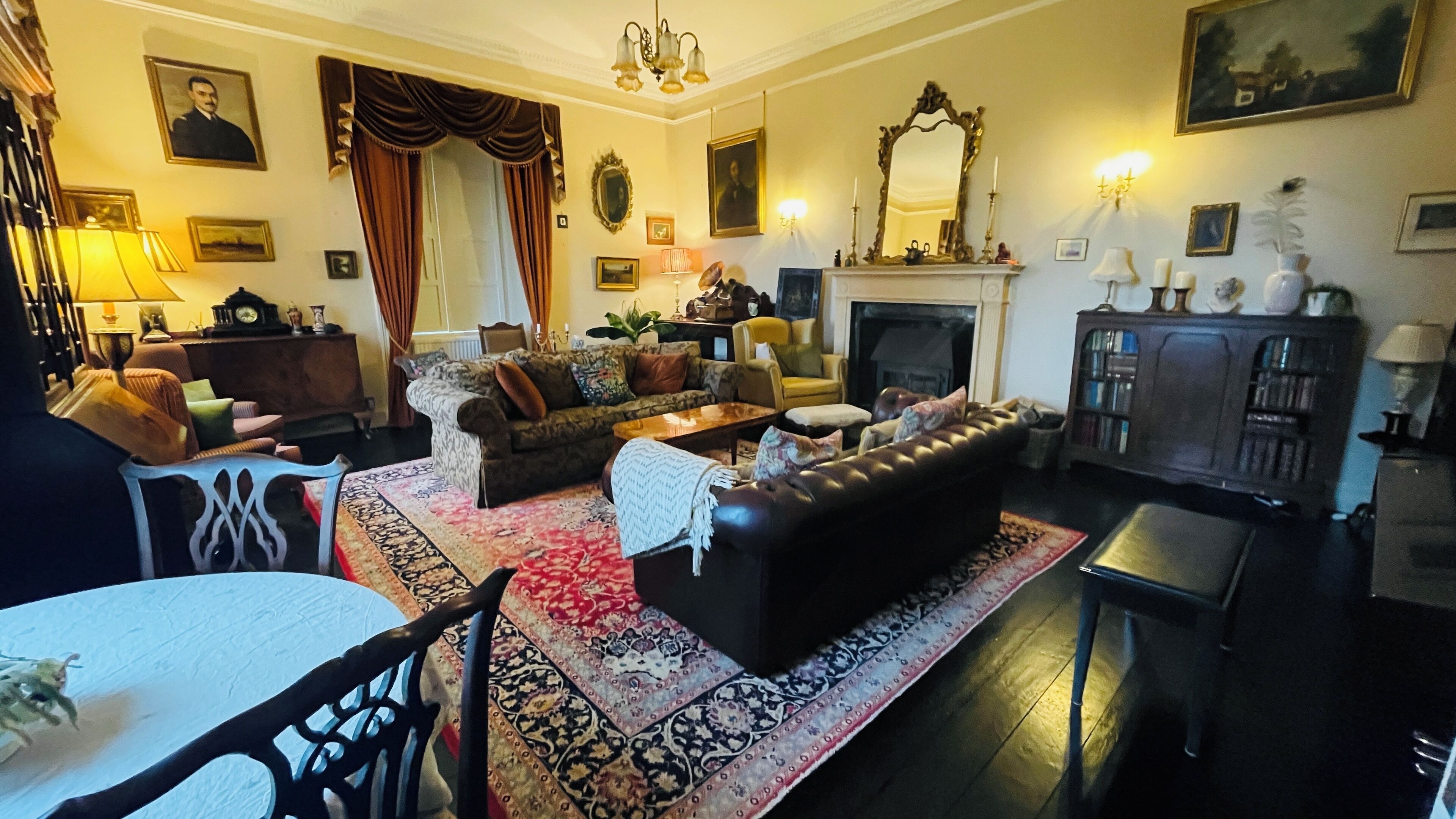 TV, fireplace, books