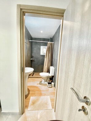 Shower, hair dryer, towels, toilet paper