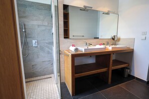 Shower, hair dryer, towels, soap