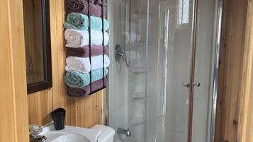 Shower, hair dryer, towels, soap