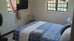 Una camera da letto con un letto, una TV a muro, una ventola da terra e una finestra con tende.