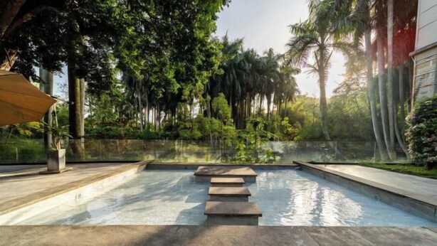 A modern outdoor pool area with steps leading into the water, surrounded by lush greenery and tall palm trees. - Kulangsu Youran Bieyuan Vacation Apartment (Meihua Beach Neicuo'ao Pier) (Xiamen)