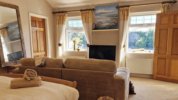 Une pièce confortable avec un canapé, un lit, une télévision et une fenêtre avec des rideaux.