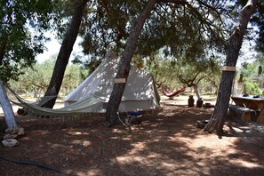 Tenda montada em área arborizada, com árvores, uma rede e uma mesa de piquenique.