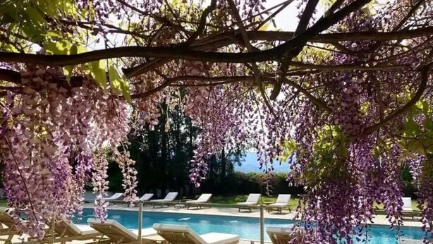 Ein Poolbereich mit Liegestühlen und Blick auf einen Pool.
