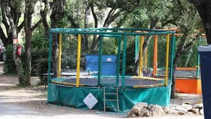 Un filet de protection entoure un trampoline, et des arbres se dressent tout autour.