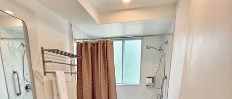 Hair dryer, towels, soap, toilet paper