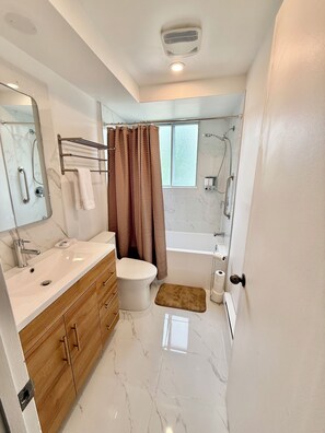 Hair dryer, towels, soap, toilet paper