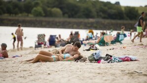 A beach with people sunbathing and relaxing.