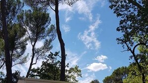 Una casa móvil con un patio, una sombrilla amarilla y una mesa pequeña.