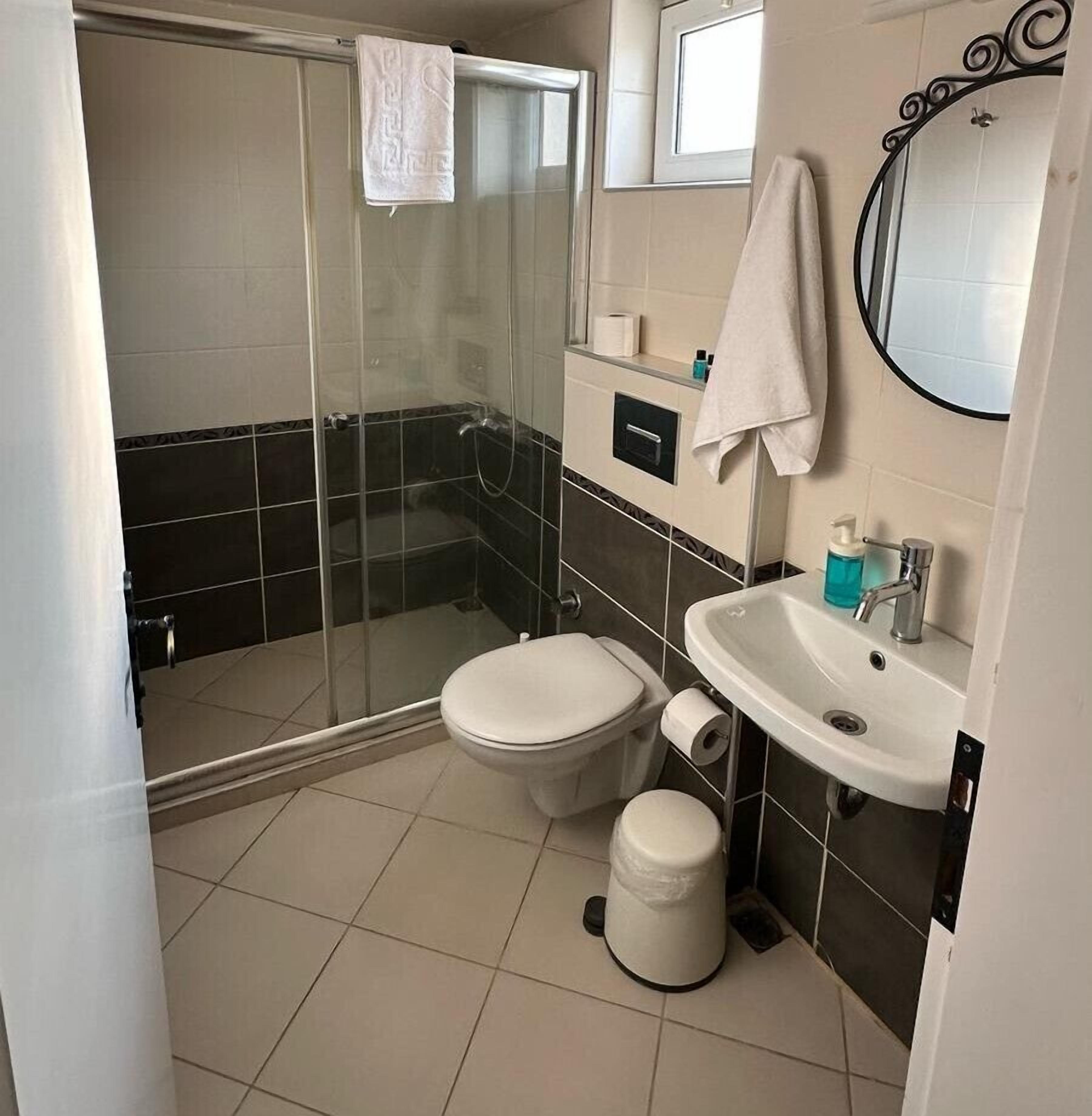 A bathroom with a glass-enclosed shower, a toilet, a sink, and a mirror.