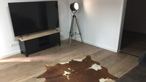 Une pièce avec un téléviseur à écran plat posé sur un meuble en bois, un lampadaire sur trépied et un grand tapis en cuir marron et blanc sur le plancher en bois.