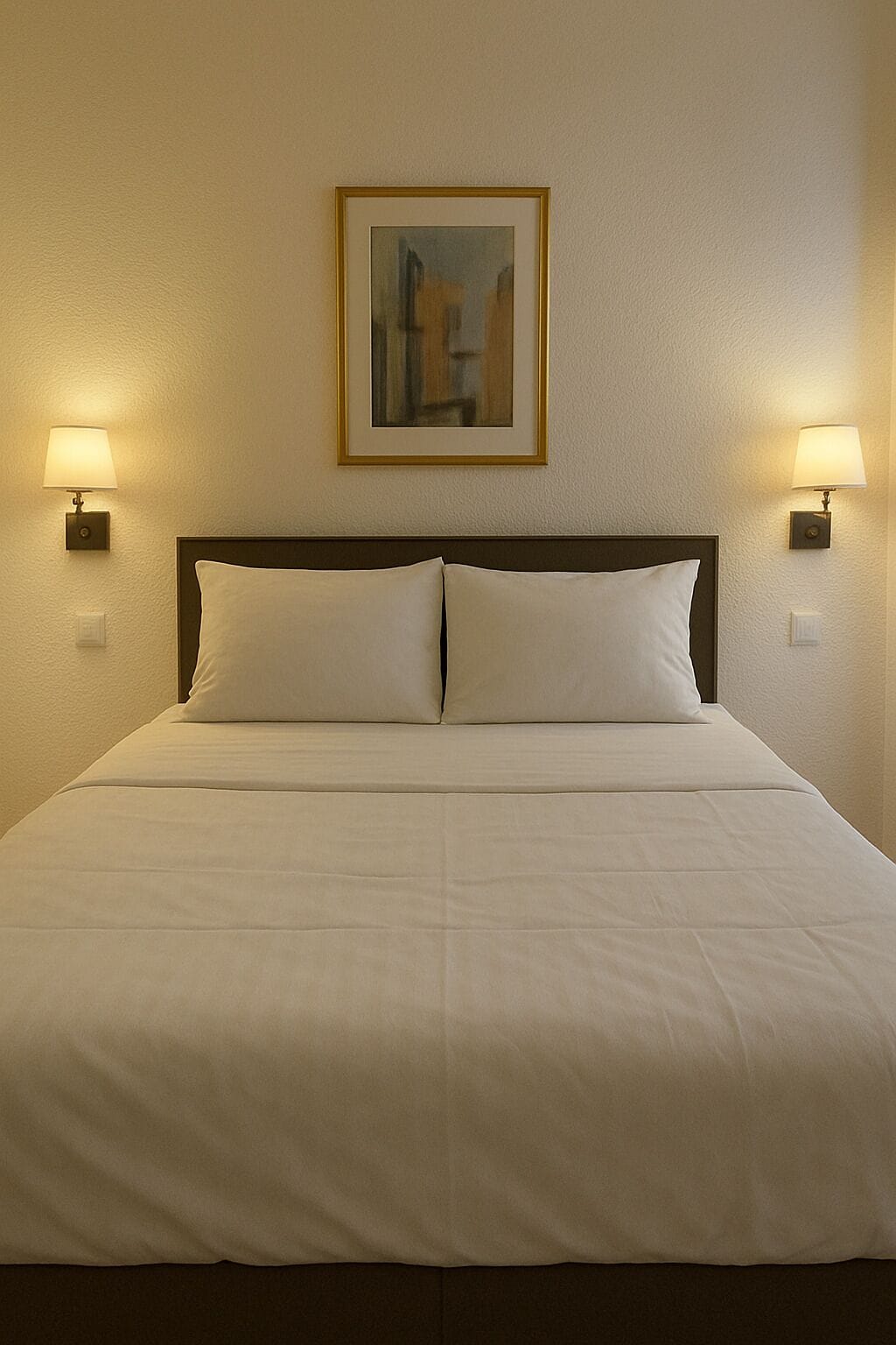 Een hotelkamer met een bed, twee wandlampen en een ingelijst foto aan de muur.