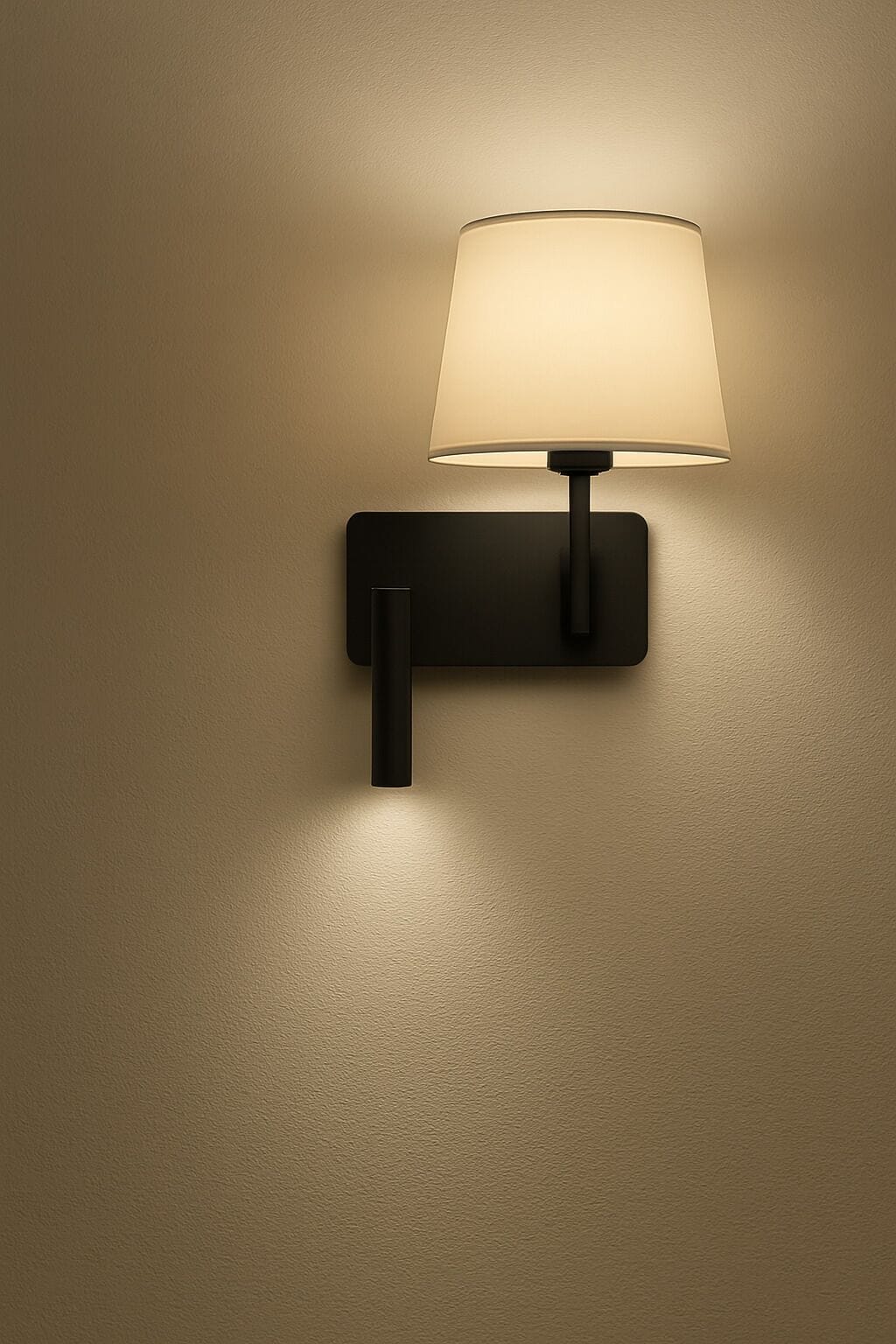 A wall-mounted lamp with a rectangular base and a cylindrical shade.