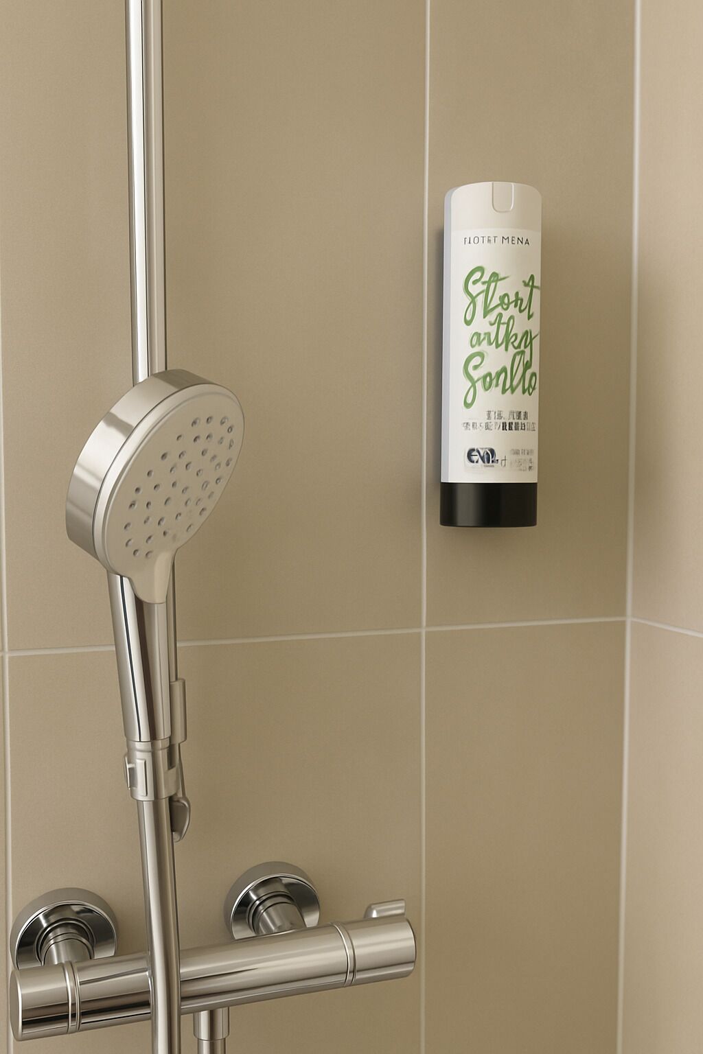 Un baño moderno con cabezal de ducha, ducha de mano y una botella de Stort antkns Sonllo montada en la pared.