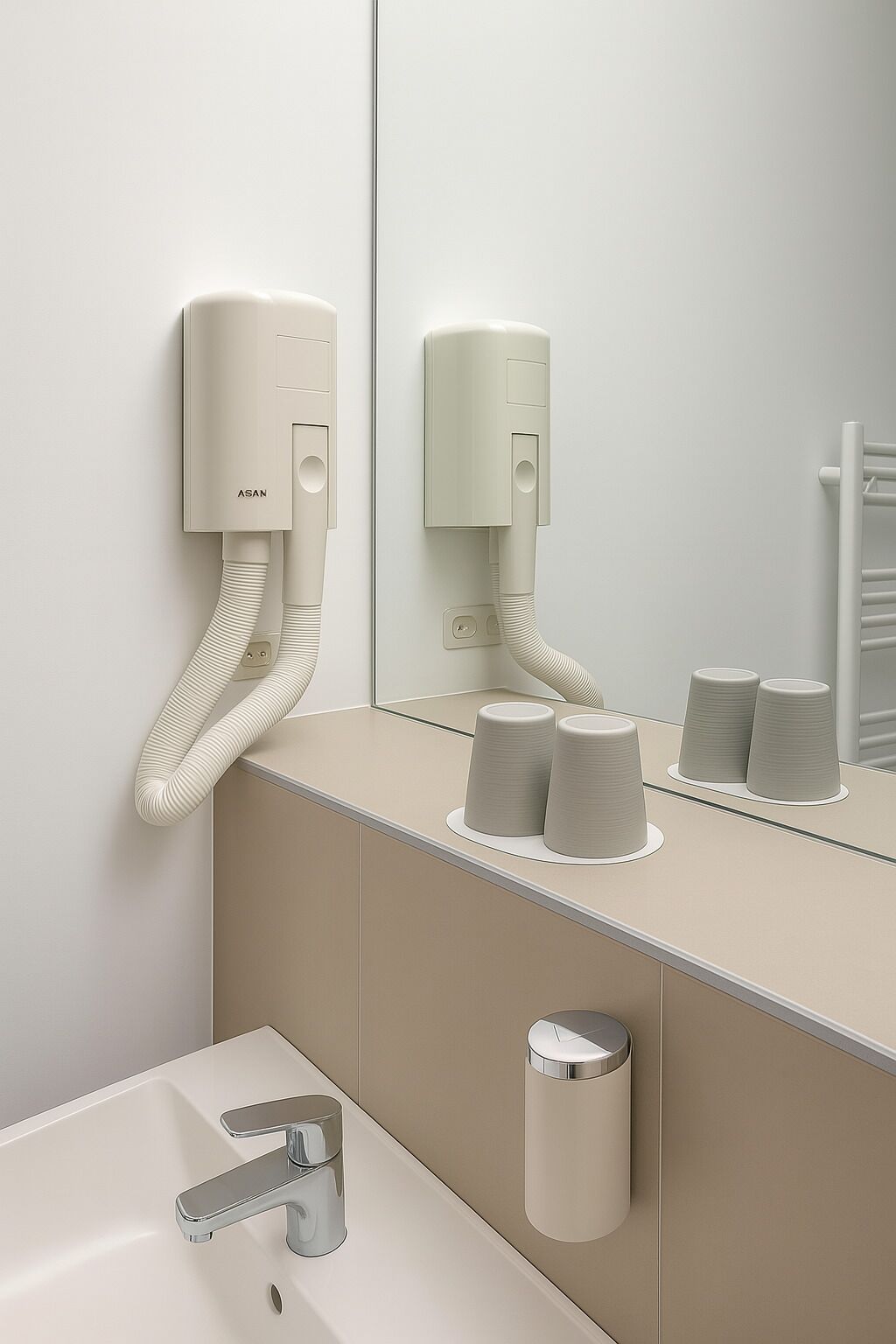 Une salle de bain moderne équipée d’un lavabo, d’un miroir et de deux sèche-mains fixés au mur.