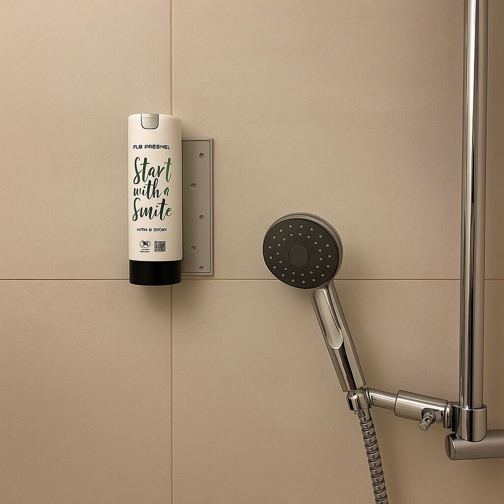 Prenez une douche en utilisant un pommeau de douche à main et utilisez ensuite un échantillon de shampoing de la gamme Suite de FLE PRESNEL.