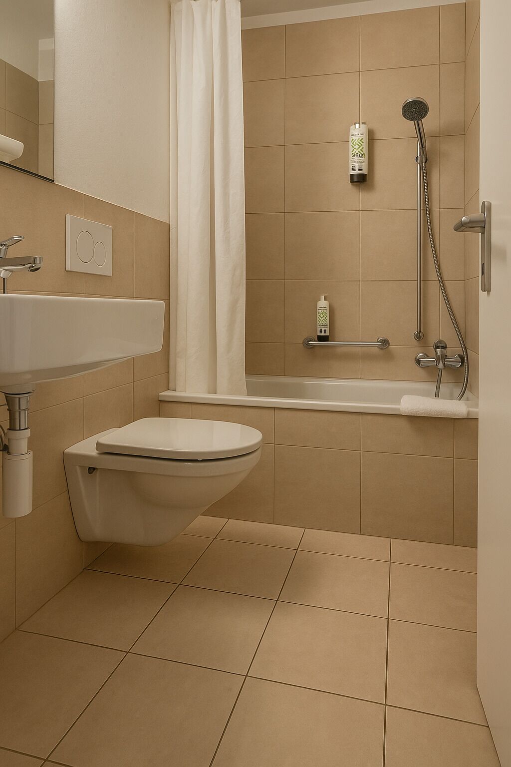 Un baño moderno con inodoro, lavabo y ducha.