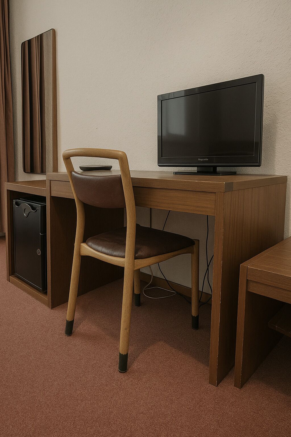 A wooden desk with a television, a chair, and a small cabinet.