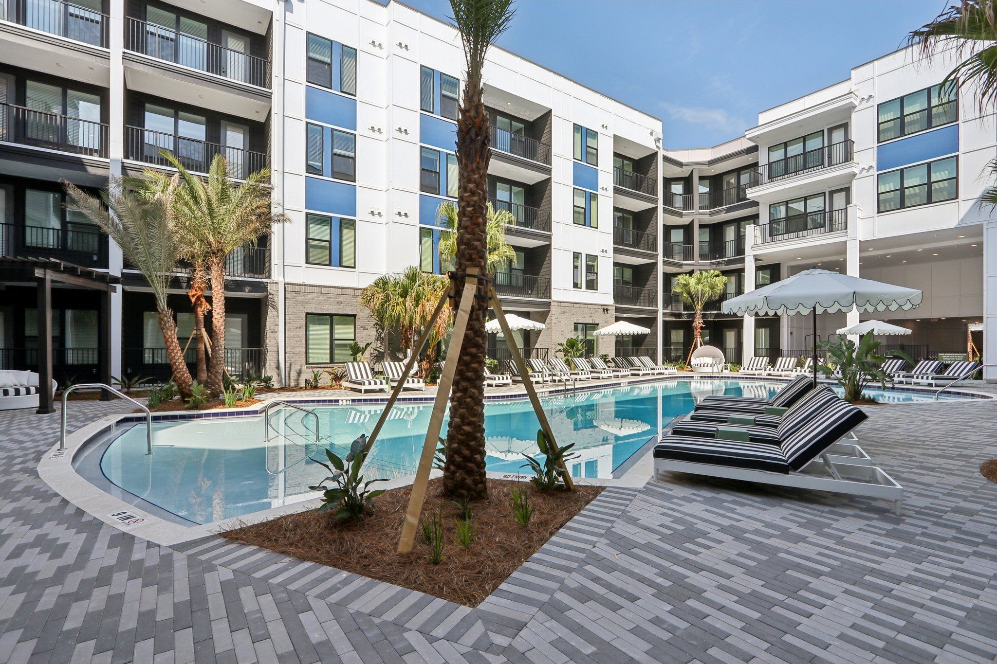 Piscine extérieure, chaises longues