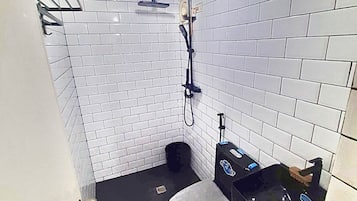 Hair dryer, bidet, towels, soap