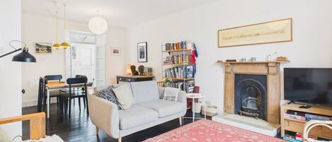 TV, fireplace, books