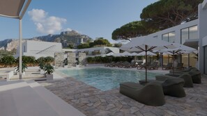 Outdoor pool, pool umbrellas, pool loungers - Grecale Filoxenia (Stegna)