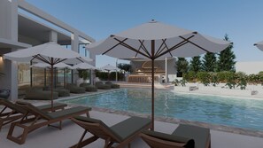 Outdoor pool, pool umbrellas, pool loungers - Grecale Filoxenia (Stegna)