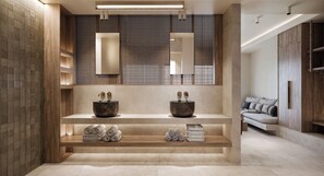 Shower, free toiletries, hair dryer, bathrobes