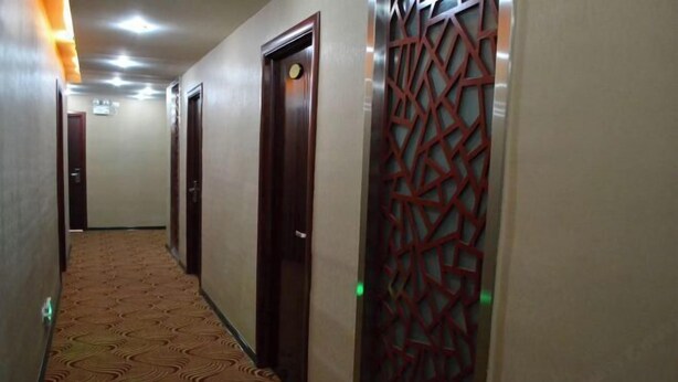 Un pasillo con alfombra estampada, puertas de madera y un panel decorativo en la pared.
