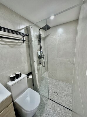 Hair dryer, towels, toilet paper