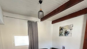 Una sala de estar con un sofá de cuero negro, una mesa de centro de madera, un radiador y un ventilador de techo.