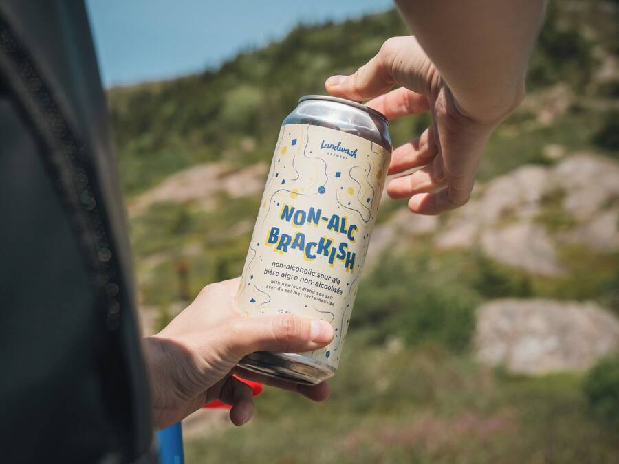 A person holding a can of Landwash Non-Alc Brackish beer.