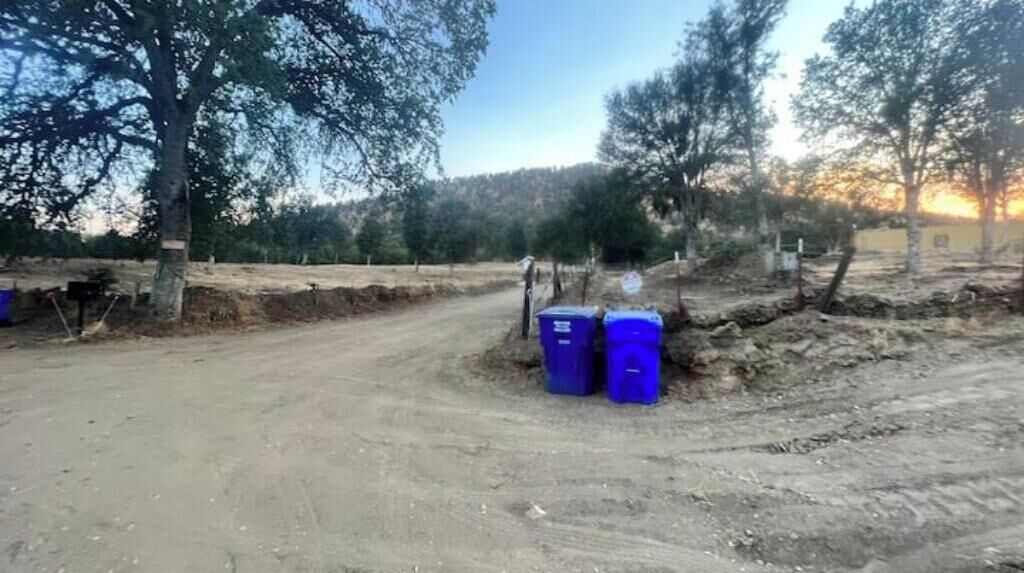 A dirt road with two blue trash bins on the right side.