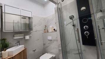 Hair dryer, towels, soap, toilet paper