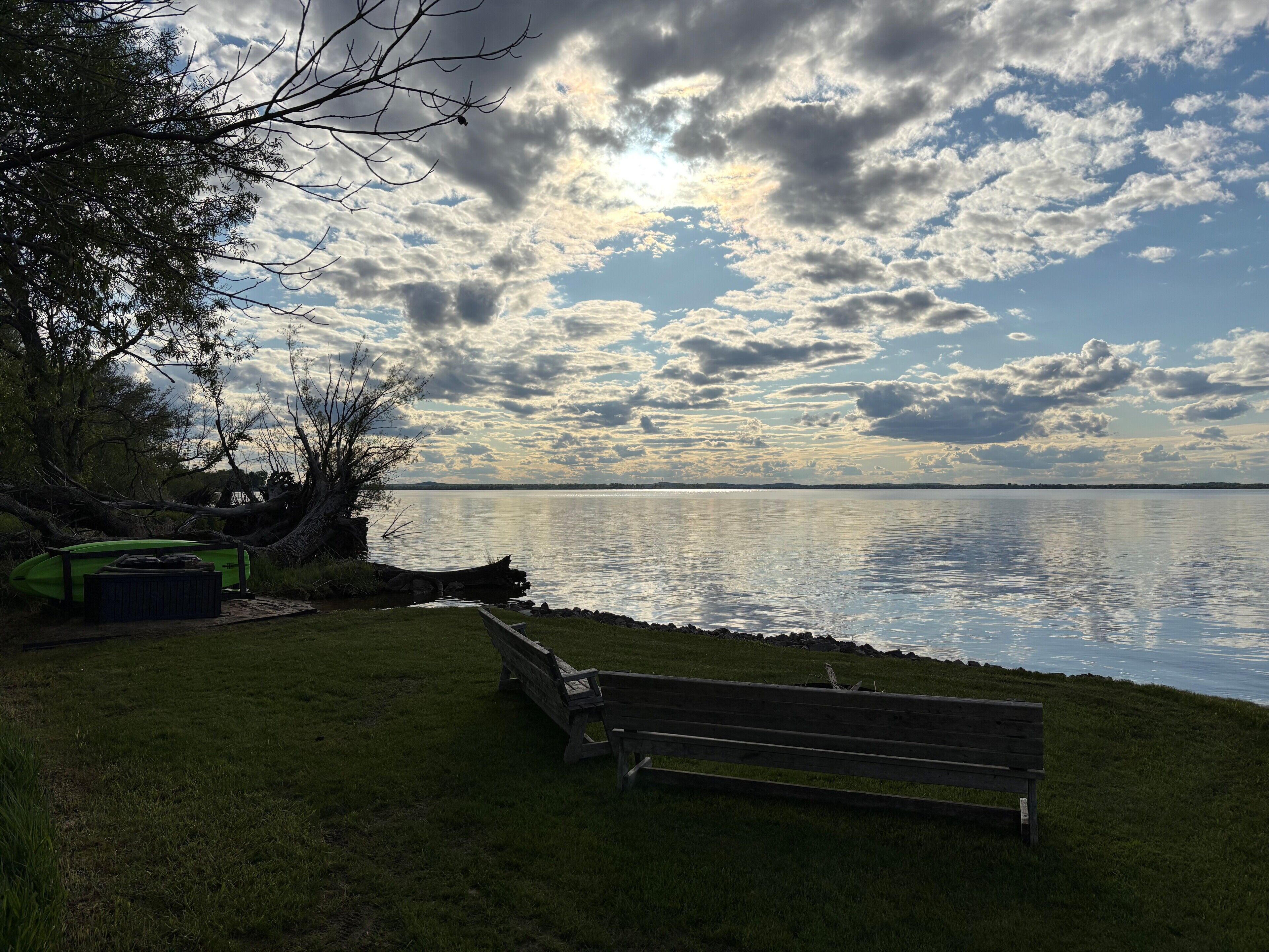 Un banco junto al lago, con césped y un kayak.