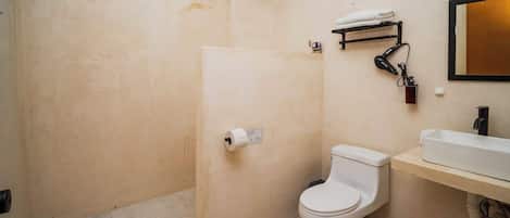 Shower, hair dryer, towels, shampoo