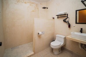 Douche, sĂšche-cheveux, serviettes fournies, shampoing