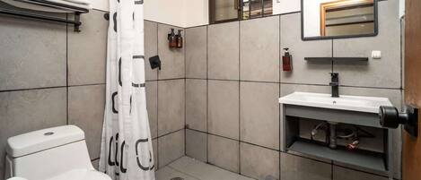 Shower, hair dryer, towels, shampoo