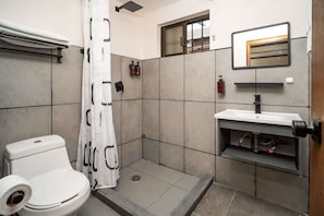 Shower, hair dryer, towels, shampoo