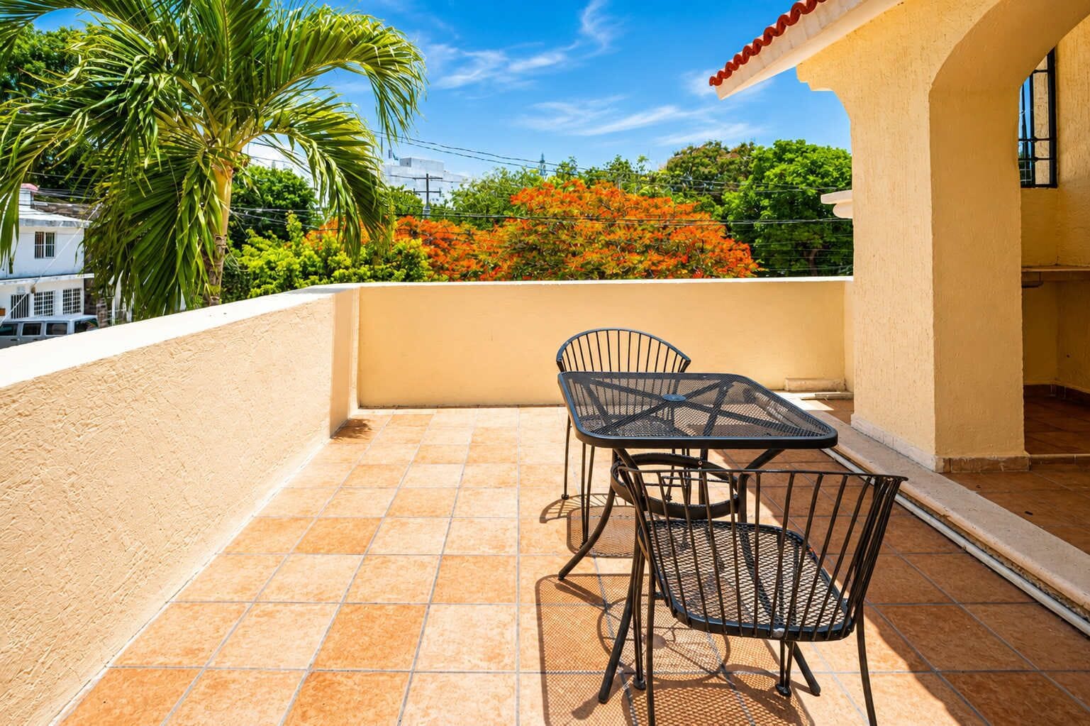 A terrace with a table and chairs, a palm tree, and a view of buildings and trees.