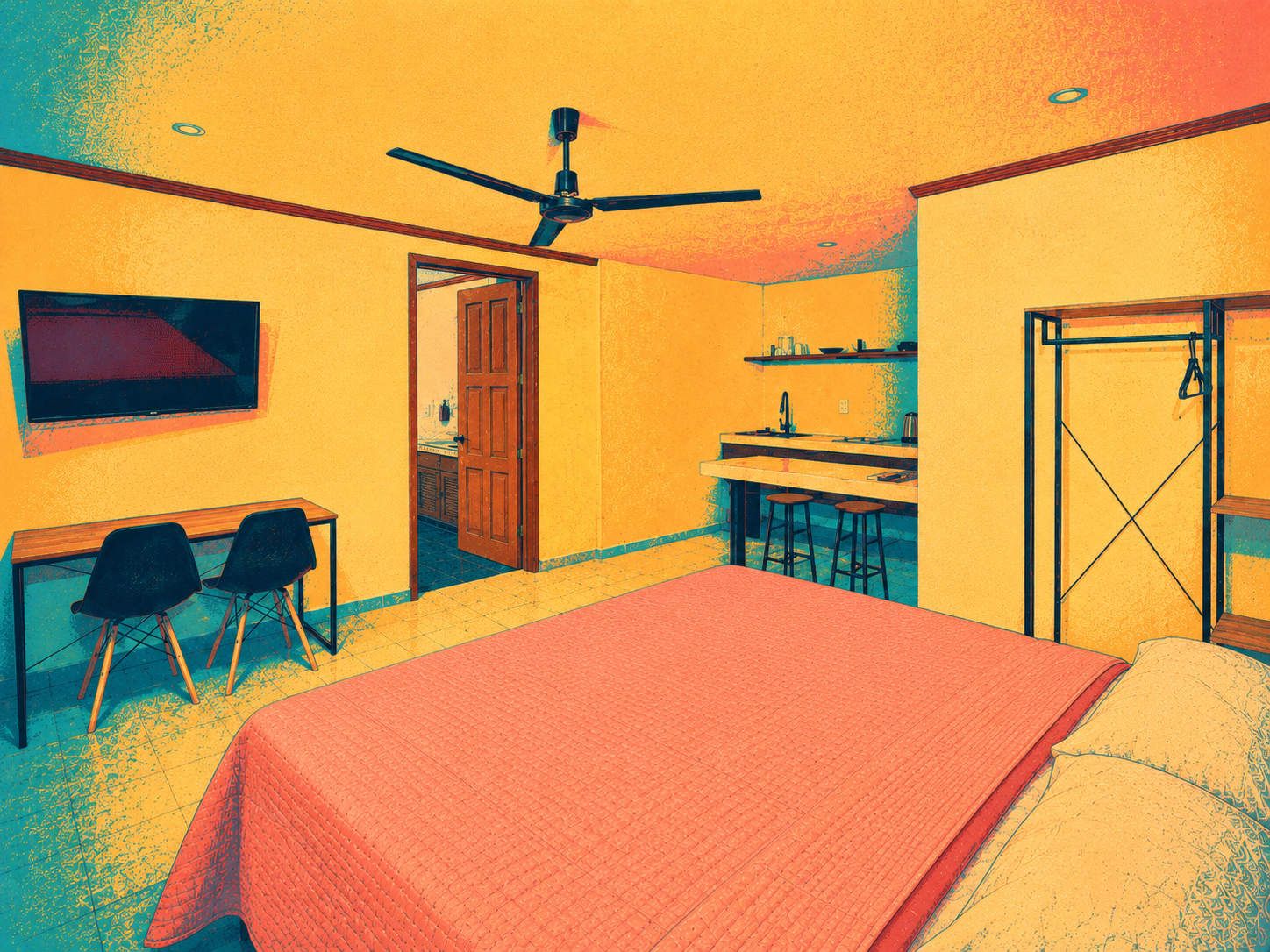 Un dormitorio con cama, escritorio, dos sillas, ventilador de techo, televisor y puerta que da a un baño.