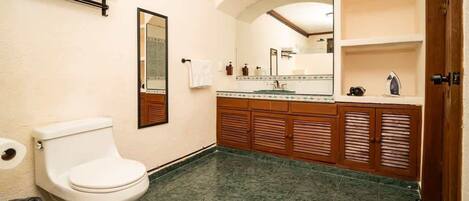 Shower, hair dryer, towels, shampoo