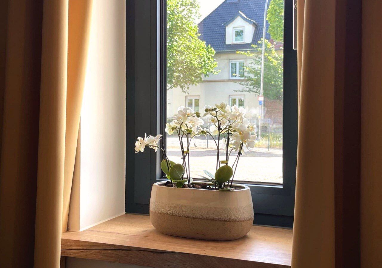 Ein Fenster mit einer Topforchidee auf einer Holzablage.