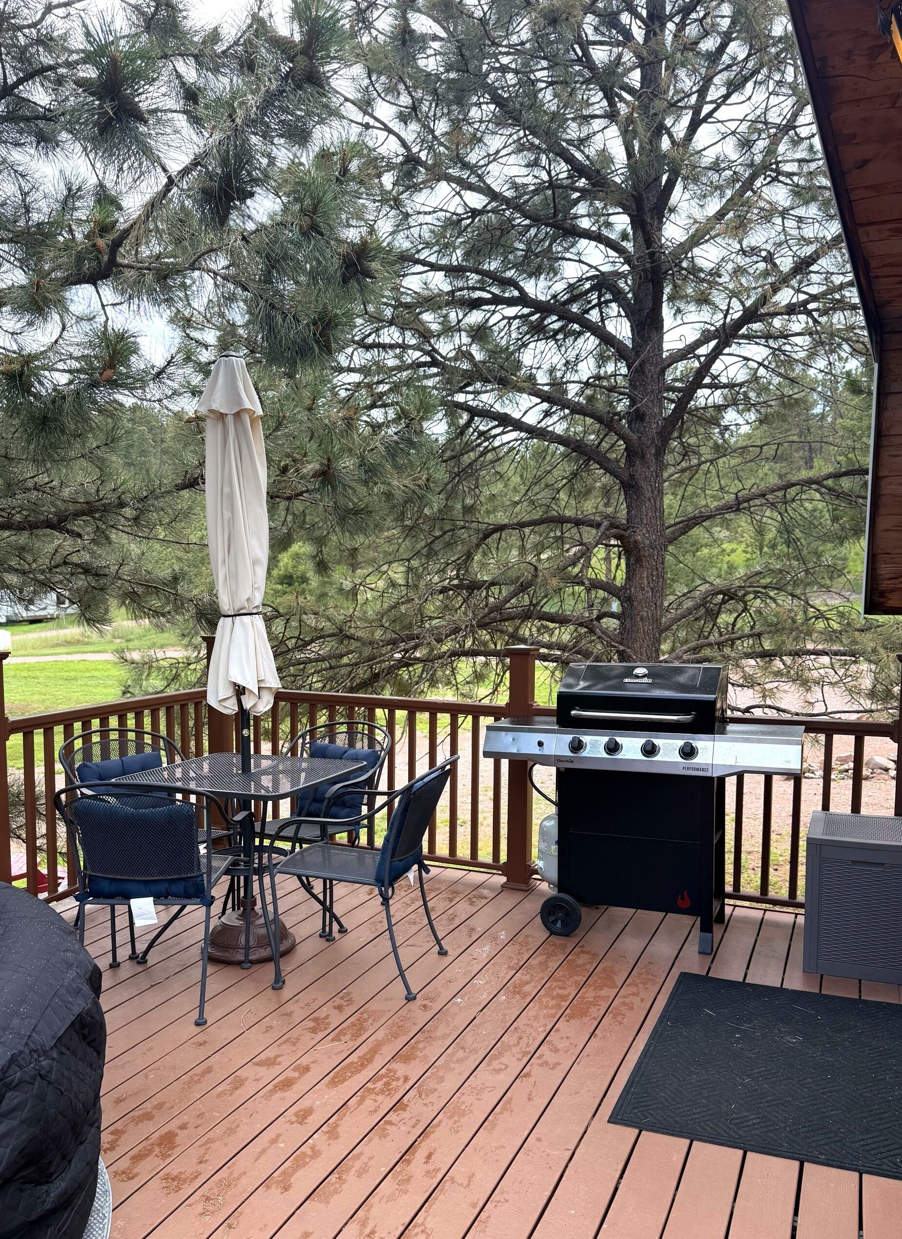 Een houten terras met een barbecue, tuinmeubels en een grote boom.