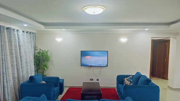A living room with two blue sofas, a red rug, a TV on the wall, and a plant.