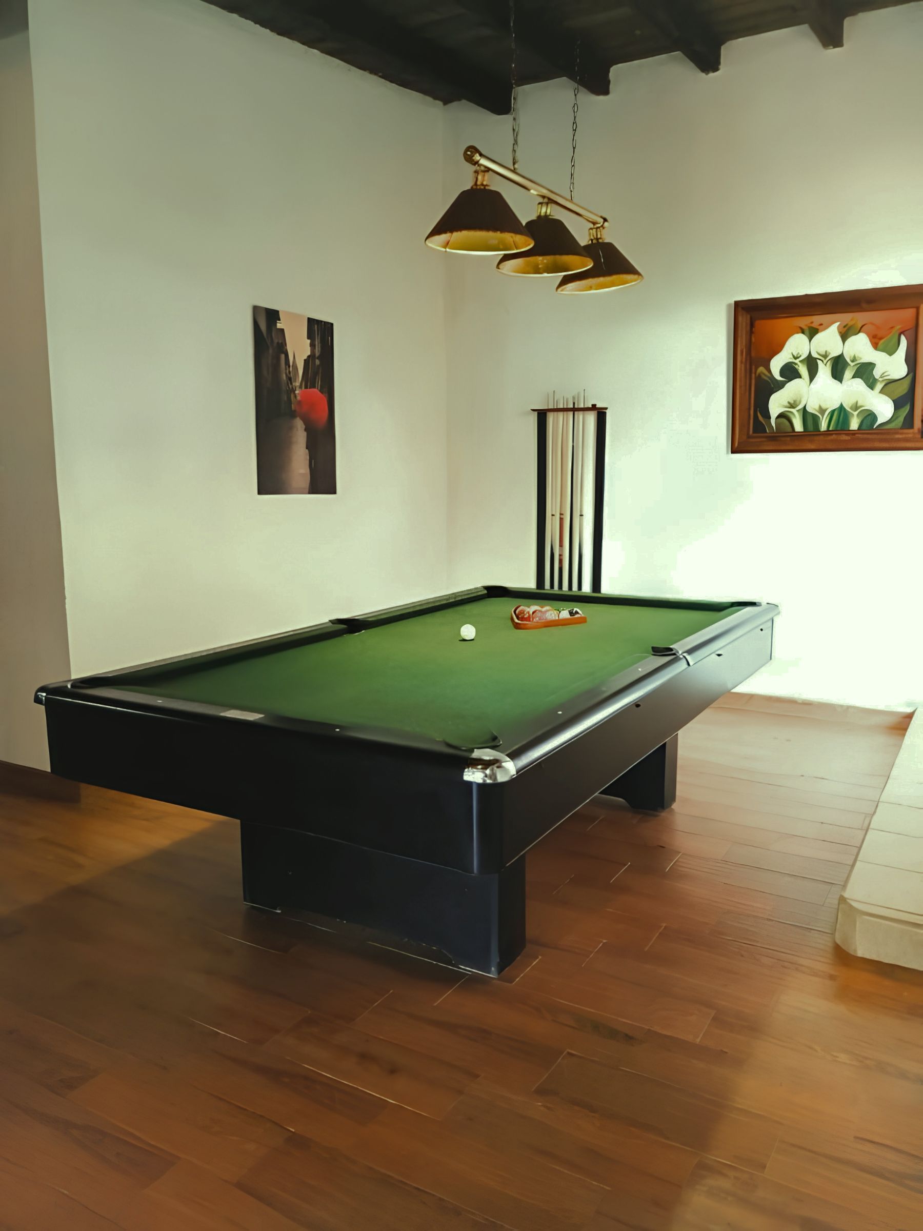 A pool table with a green felt surface, a cue ball, and a red object on the table. There is a framed picture of flowers on the wall to the right.