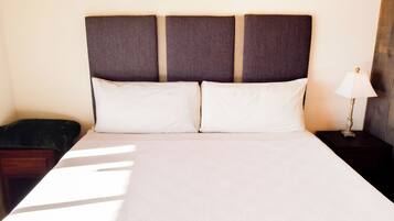 A bed with a headboard, two pillows, a bedside table, and a lamp.