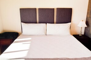 A bed with a headboard, two pillows, a bedside table, and a lamp. - Finca Selah (Valle de Guadalupe)